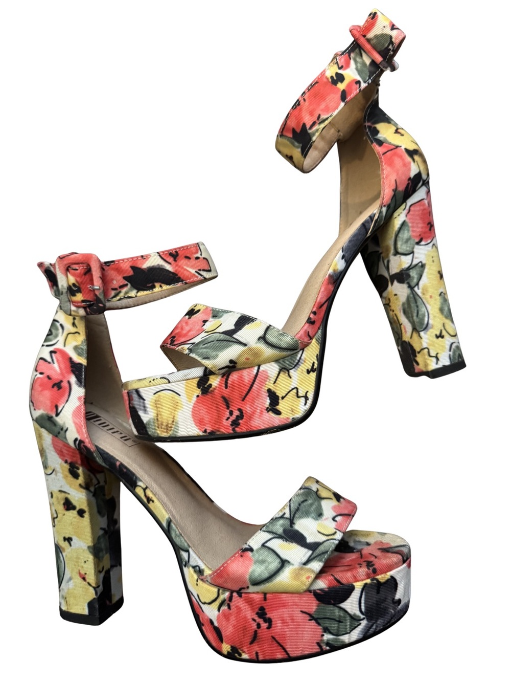Floral Platform Ankle-Strap Heels in Coral & Yellow